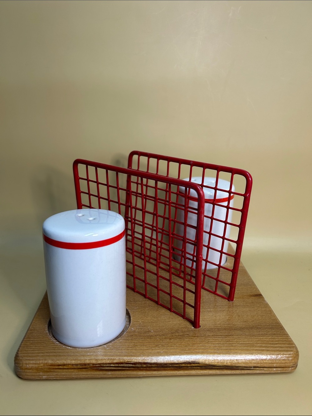 Vintage wooden table stand red metal grid for napkins and salt and pepper shaker